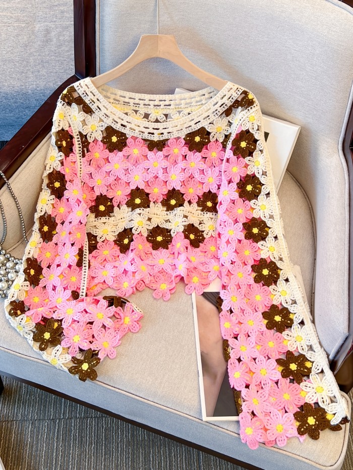 Bohemian Style Sweater Spring Autumn Style Hollow Floral Top Lightweight Pink Brown Color-Block Long Sleeve Pullover