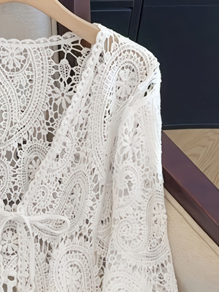Summer Beach Vacation Hollow V-Neck Bell Sleeve Outerwear Bohemian Women'S Short Open Cardigan Jacket Thin Hollow Jacket