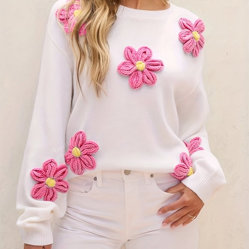 Solid Color Valentine's Day Sweater - Cute Elegant Floral Decorated Long-Sleeve Round-Neck
