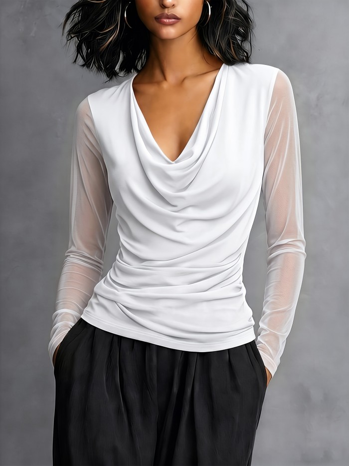 Women'S Elegant New Low Neck Mesh Patchwork Sleeve Temperament Pullover Top, Women'S Top, All Seasons Suitable, Elastic Comfortable Fit, Soft Stretchy Fabric, Fashionable Top, Suitable for Casual Outings