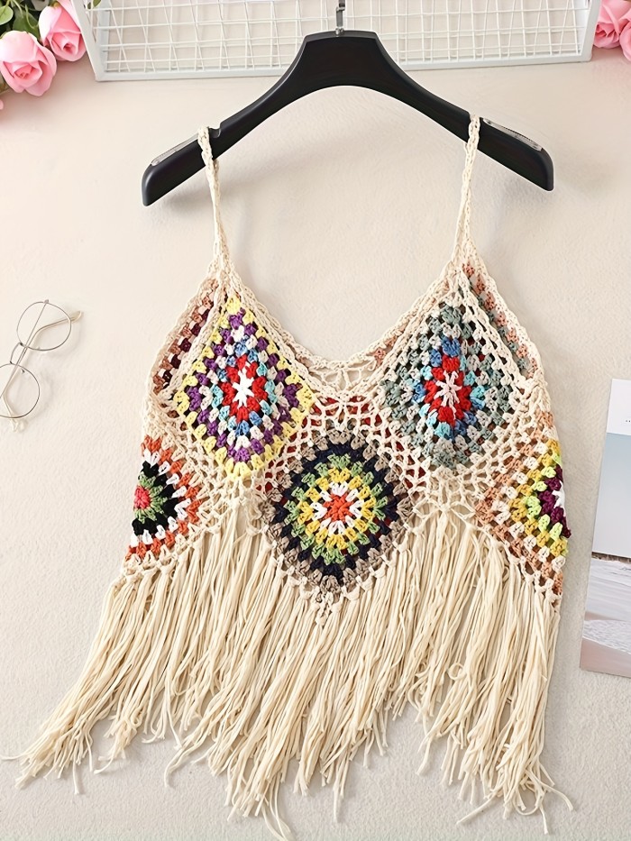 Bohemian Women's Crochet Hollow-Out Beach Cover-Up with Tassels, Summer Casual Vacation Outerwear Top