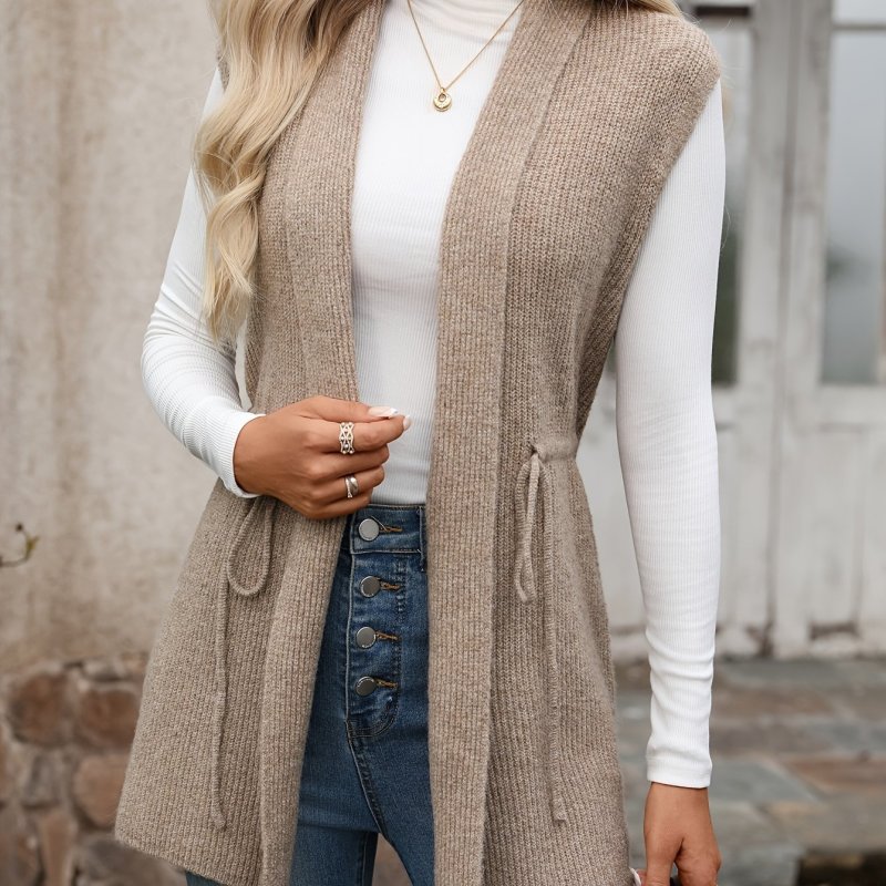 Women'S Autumn Winter New Style, Elegant Casual, Fashionable Easy Versatile, Daily Commute, Outing Vacation Date, Drawstring Waist Belt, Lapel Cardigan Long Vest