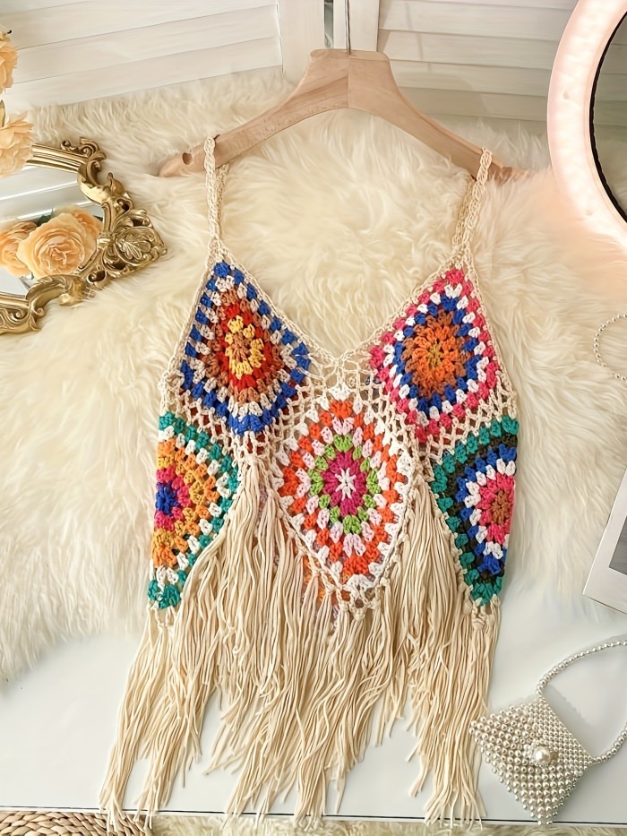 Bohemian Women's Crochet Hollow-Out Beach Cover-Up with Tassels, Summer Casual Vacation Outerwear Top