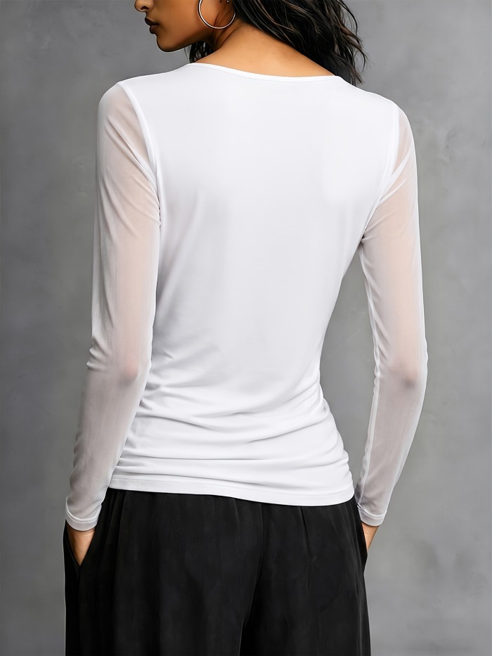 Women'S Elegant New Low Neck Mesh Patchwork Sleeve Temperament Pullover Top, Women'S Top, All Seasons Suitable, Elastic Comfortable Fit, Soft Stretchy Fabric, Fashionable Top, Suitable for Casual Outings