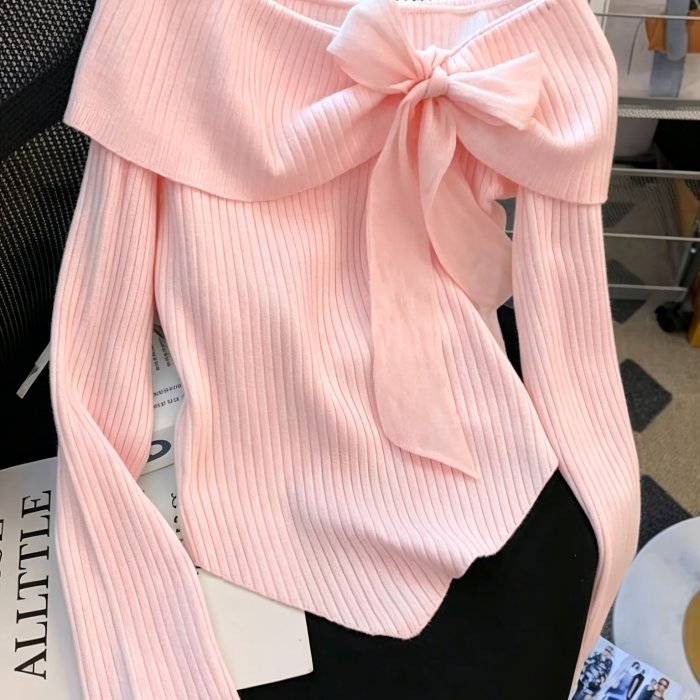 Elegant and Cute Women's Long-sleeve Slim-fit Dress with Romantic Bow Decoration