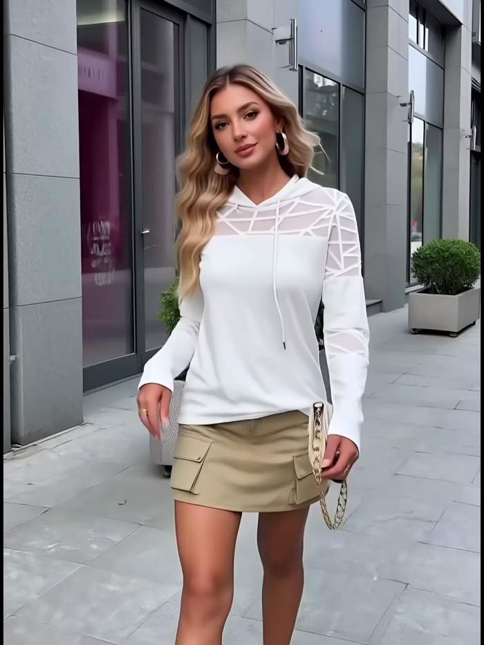 Spring,Autumn Women's Hoodie\u002FSolid-Colour Hooded Drawstring Sweatshirt with Long Sleeves,Fashionable Patchwork Design for Commuting Leisure and Outings