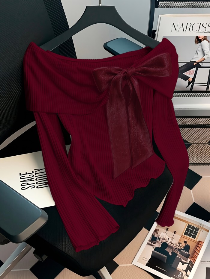 Elegant and Cute Women's Long-sleeve Slim-fit Dress with Romantic Bow Decoration