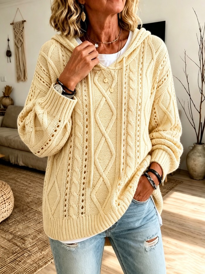 Women's Winter Sweater Hooded Sweater Top - Hollow-Out Cable Semi-Sheer Sweater Suitable for Commuting, Home & Vacation Wear, Relaxed Loose Fit Fall\u002FWinter Sweater with Hooded Collar, Cozy Cable