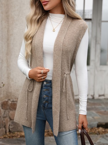Women'S Autumn Winter New Style, Elegant Casual, Fashionable Easy Versatile, Daily Commute, Outing Vacation Date, Drawstring Waist Belt, Lapel Cardigan Long Vest