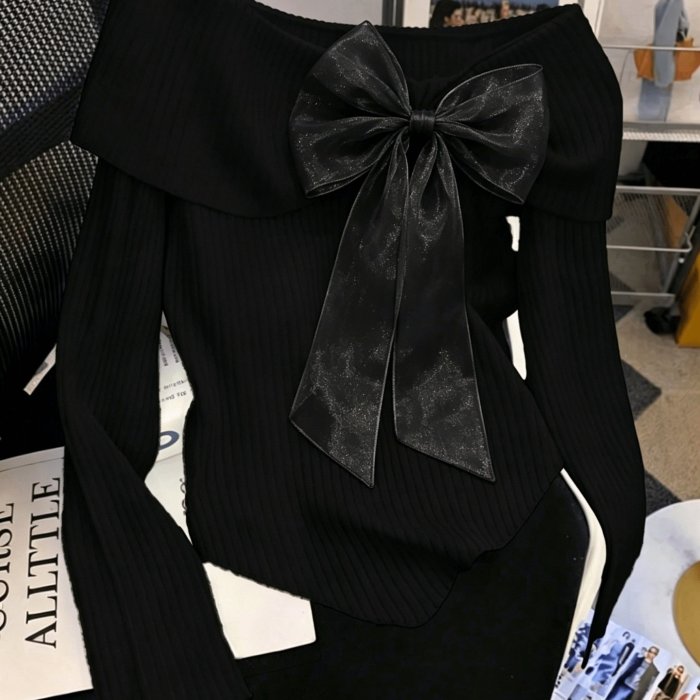 Elegant and Cute Women's Long-sleeve Slim-fit Dress with Romantic Bow Decoration