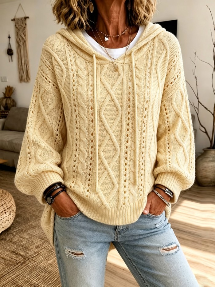 Women's Winter Sweater Hooded Sweater Top - Hollow-Out Cable Semi-Sheer Sweater Suitable for Commuting, Home & Vacation Wear, Relaxed Loose Fit Fall\u002FWinter Sweater with Hooded Collar, Cozy Cable