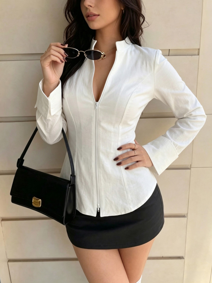 Flared Sleeves Long Sleeves Solid Color Zipper Stand Collar Blouses&shirts Tops