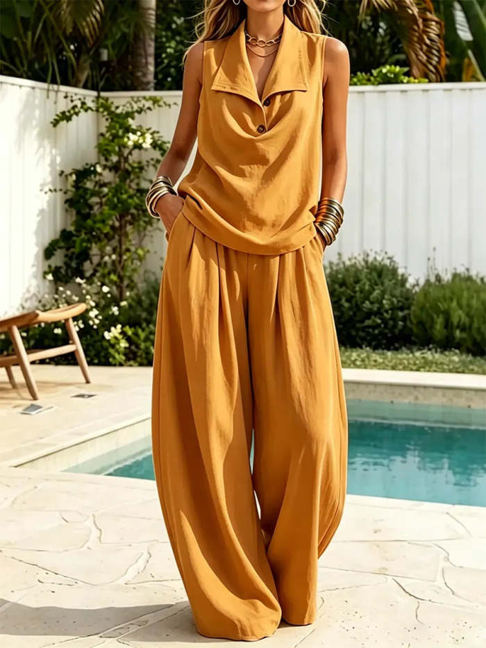 Casual Resort Sleeveless Collared Top And Loose-fitting Trousers Set