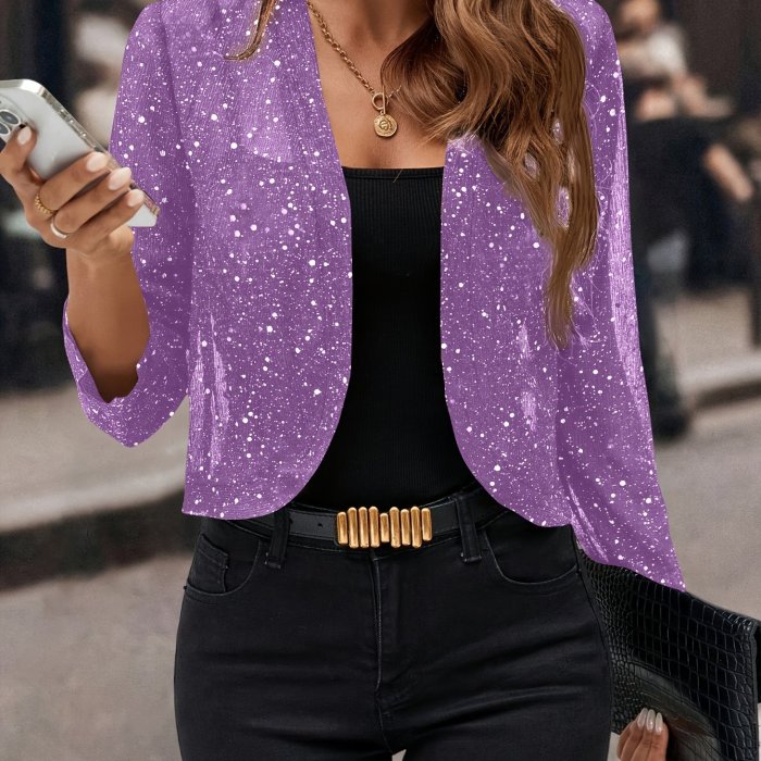 Women's Glitter Sequin Cardigan Jacket, Golden Foil Pleated Fabric 3\u002F4 Sleeve Cropped Cardigan Jacket, Business Casual for Women