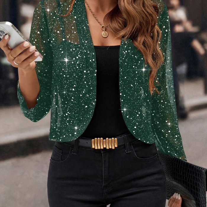Women's Glitter Sequin Cardigan Jacket, Golden Foil Pleated Fabric 3\u002F4 Sleeve Cropped Cardigan Jacket, Business Casual for Women
