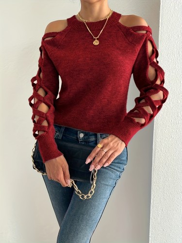 Women'S Geometric-Pattern Knit Sweater, Ripped Long Sleeve, Crew Neck, Elegant Acrylic Blend Top for Spring\u002FSummer\u002FFall