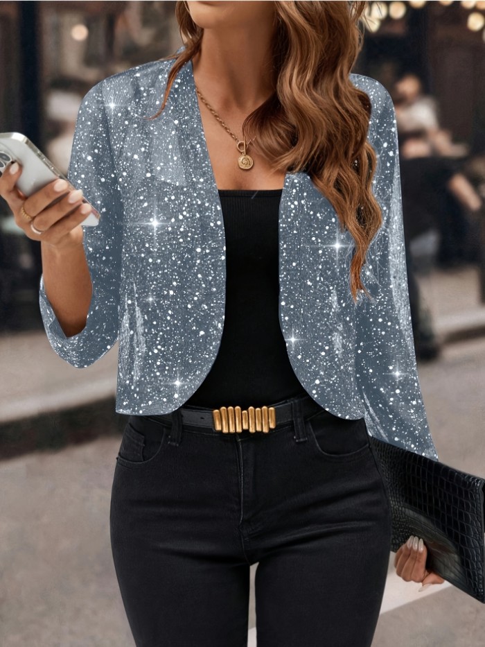 Women's Glitter Sequin Cardigan Jacket, Golden Foil Pleated Fabric 3\u002F4 Sleeve Cropped Cardigan Jacket, Business Casual for Women