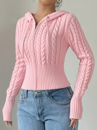 Women's Autumn and Winter Hooded Zippered Slim Fit Solid Color Long Sleeve Casual Sweater Cardigan