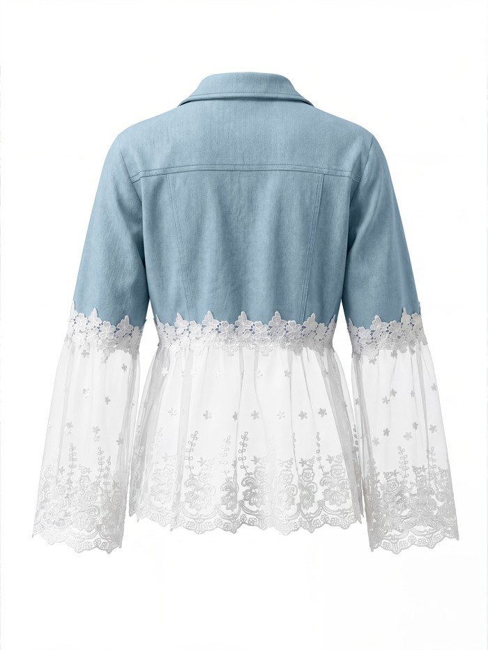 Women's Spring\u002FAutumn Imitation Denim & Lace Jacket - Semi-Sheer Patchwork Cardigan with Single-Breasted Button Front, Collar, Hollow-Out Blazer Suitable for Casual to Dressy Outfits