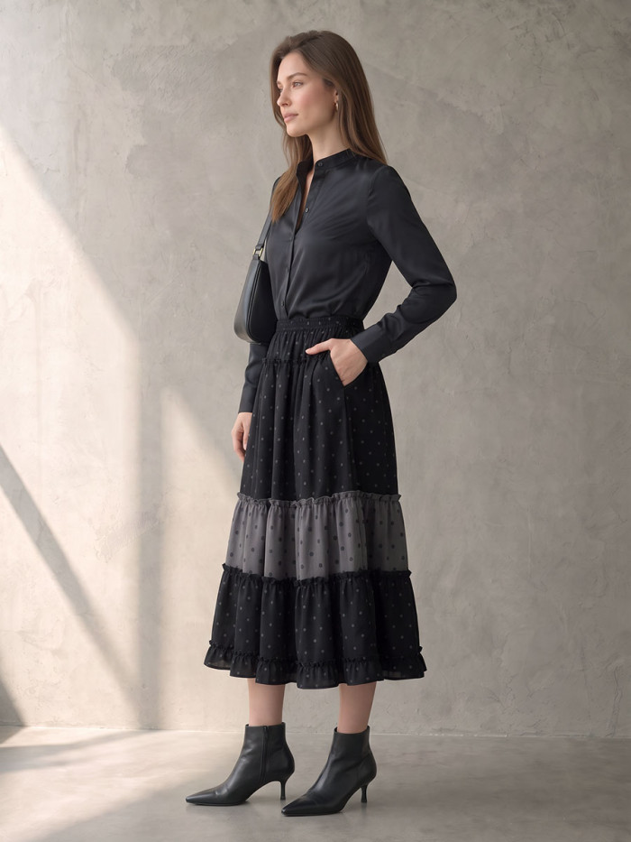 A-line Loose Contrast Color Elasticity Polka-Dot Ruffle Trim Split-Joint Skirts