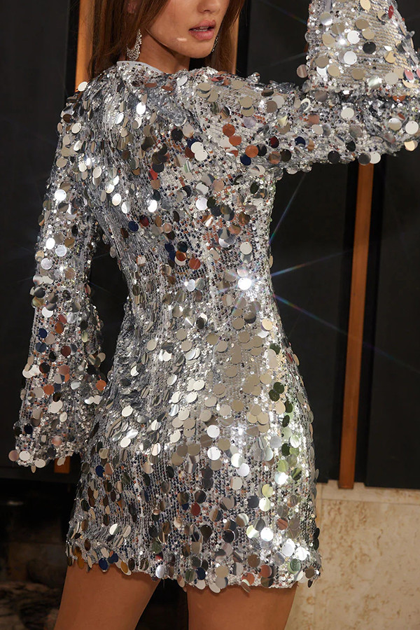 Fashionable and Dazzling Large Sequins Long Bell Sleeve H-line Mini Dress
