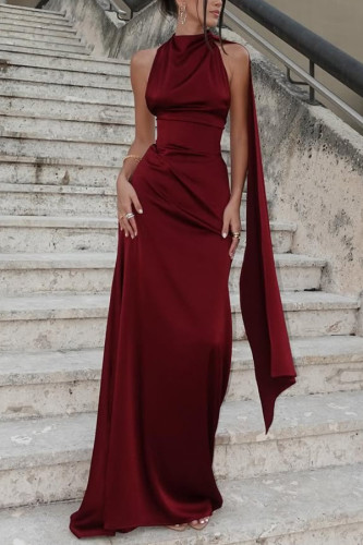 Solid Color Satin Elegant Sleeveless Waist Maxi Dress