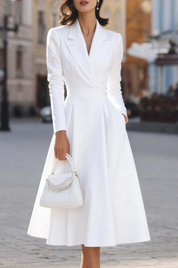 Solid Color Lapel Long Sleeve Waist Pocket Midi Dress