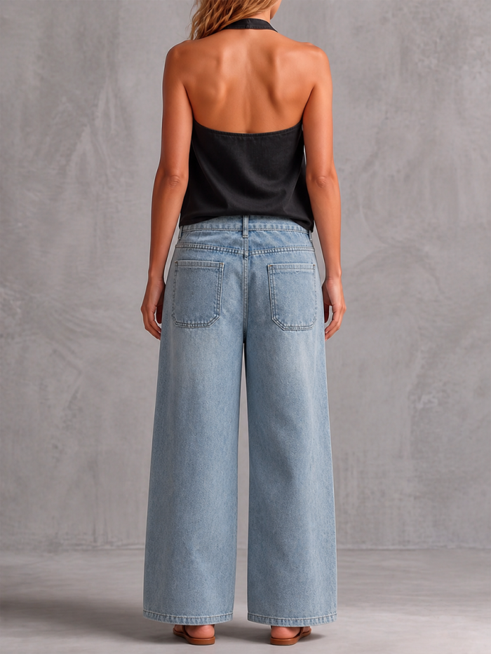High Waisted Pockets Solid Color Jean Pants Bottoms Trousers