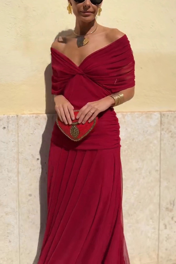 Unique Printed V-Neck Waisted Mesh Holiday Maxi Dress