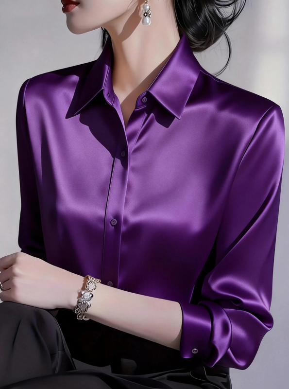Women's Long Sleeve Satin Button Down Shirt Classic Collar Elegant Office Blouse