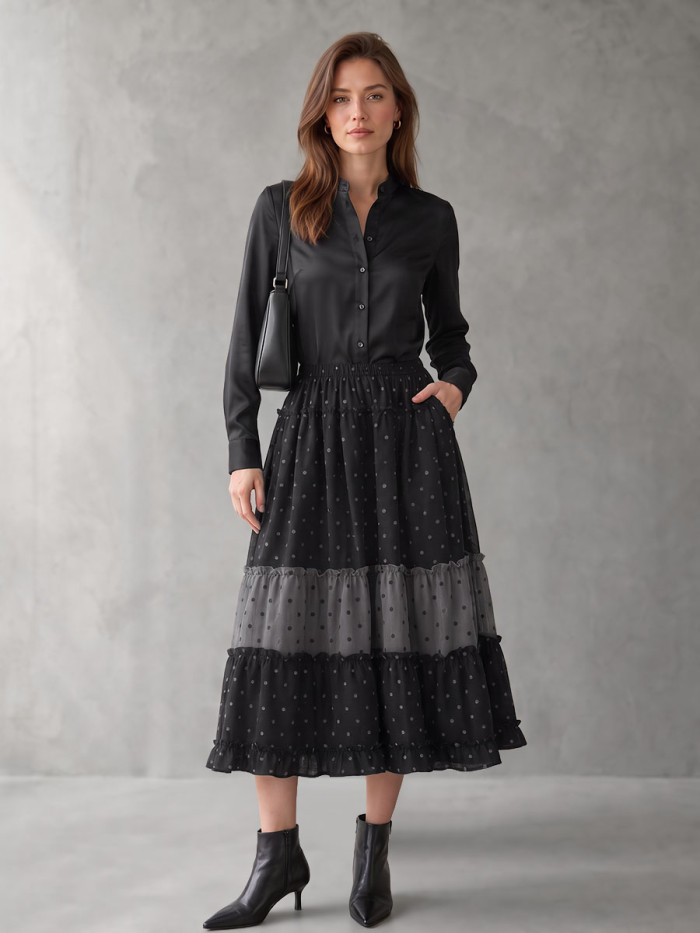 A-line Loose Contrast Color Elasticity Polka-Dot Ruffle Trim Split-Joint Skirts