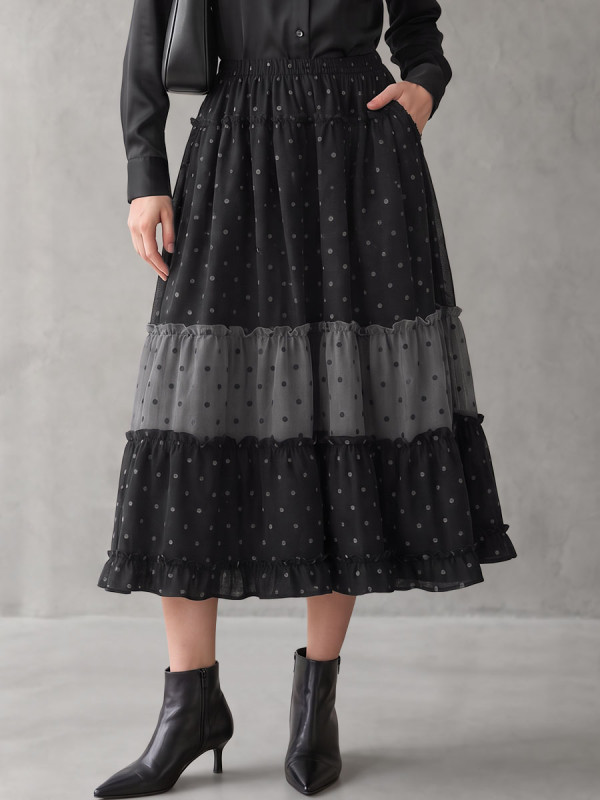 A-line Loose Contrast Color Elasticity Polka-Dot Ruffle Trim Split-Joint Skirts