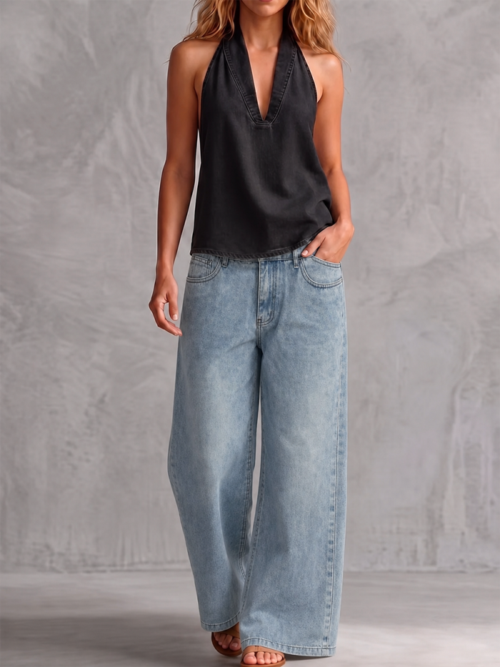 High Waisted Pockets Solid Color Jean Pants Bottoms Trousers