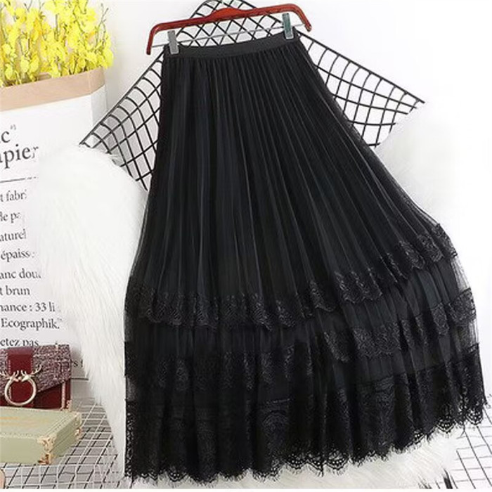 Fashion Lace Hollow Long Skirts Lining Mesh Lace Dance Skirt