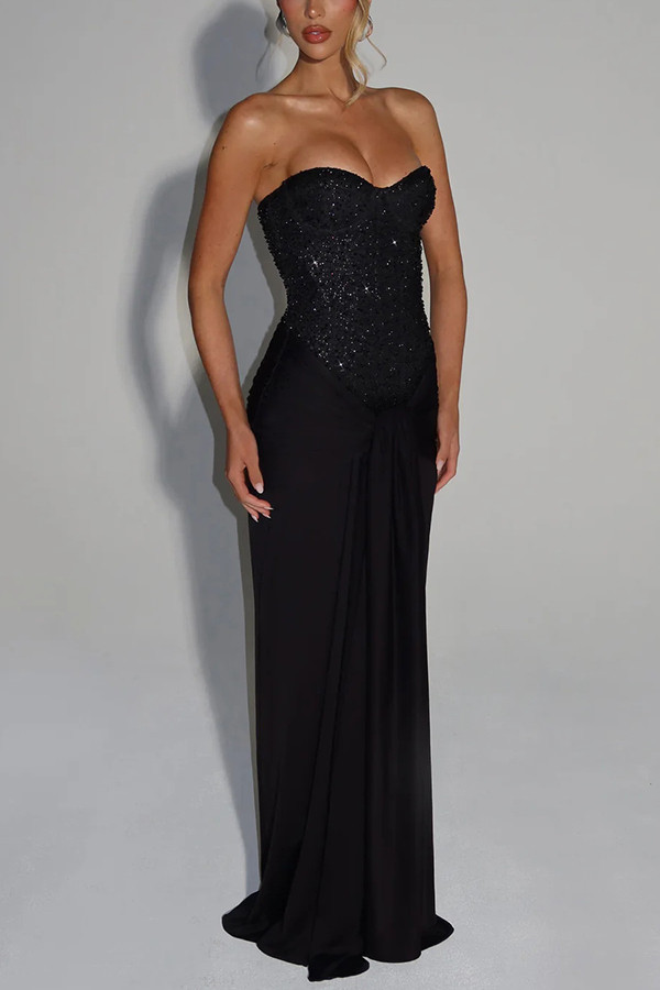 Carina Sequined and Satin Jersey Off Shoulder Ruched Knot Drape Maxi Dress