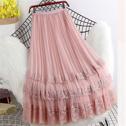 Fashion Lace Hollow Long Skirts Lining Mesh Lace Dance Skirt