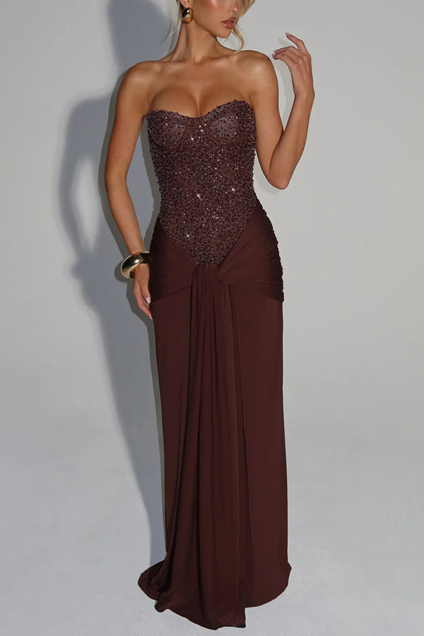 Carina Sequined and Satin Jersey Off Shoulder Ruched Knot Drape Maxi Dress