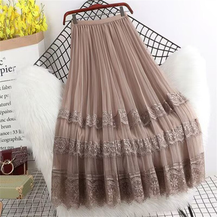 Fashion Lace Hollow Long Skirts Lining Mesh Lace Dance Skirt
