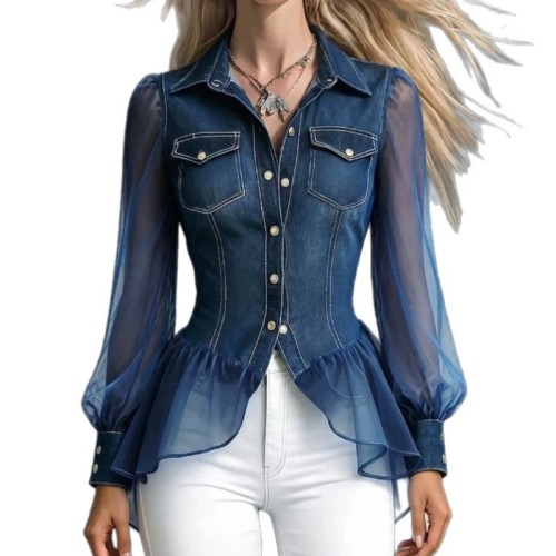 Casual Loose Imitation Denim Patchwork Top Lapel Long Sleeves Blue Shirt