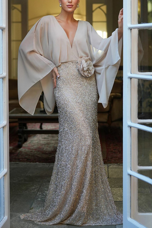 Aleina Chiffon Batwing Sleeve Flower Embroidered Waist Sequin Fabric Maxi Dress