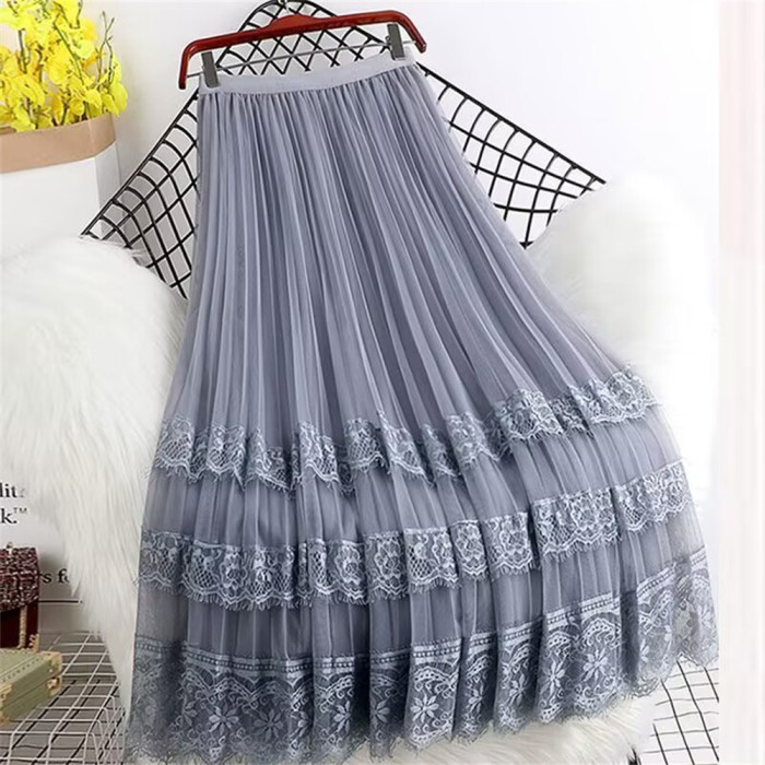 Fashion Lace Hollow Long Skirts Lining Mesh Lace Dance Skirt