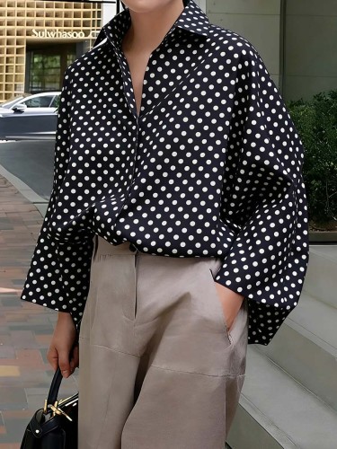 Women's Shirt-collar Long-sleeve Loose-fit Casual Top With Polka Dot Print