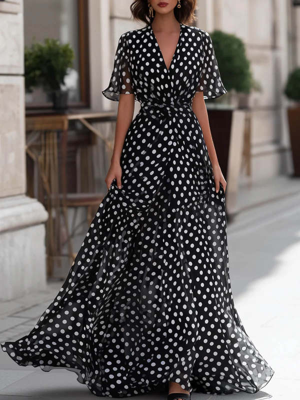 Women's Polka Dot Print V-neck Short-sleeve Casual Loose Chiffon Dress