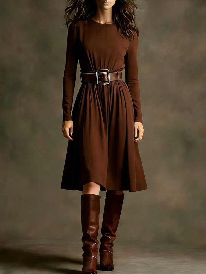 Women's Crew Neck Retro Bell Sleeve Dress