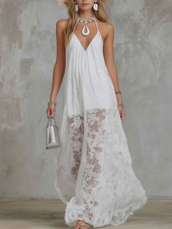 Women's Bohemian-style V-neck Halter Lace Sheer Maxi Dress
