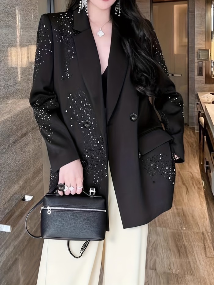 Women's Coat with Lapel Pockets and Rhinestone Detail, Elegant Series, Temperament All-Match Blazer, Casual, Date, Commute