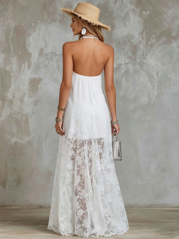 Women's Bohemian-style V-neck Halter Lace Sheer Maxi Dress