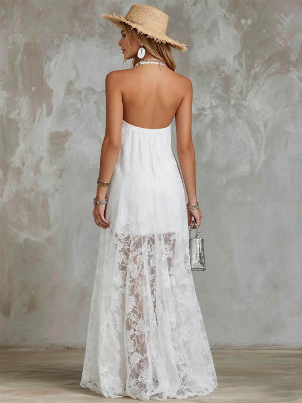 Women's Bohemian-style V-neck Halter Lace Sheer Maxi Dress