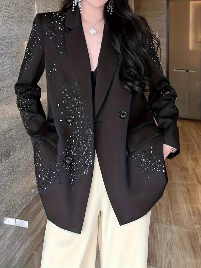 Women's Coat with Lapel Pockets and Rhinestone Detail, Elegant Series, Temperament All-Match Blazer, Casual, Date, Commute