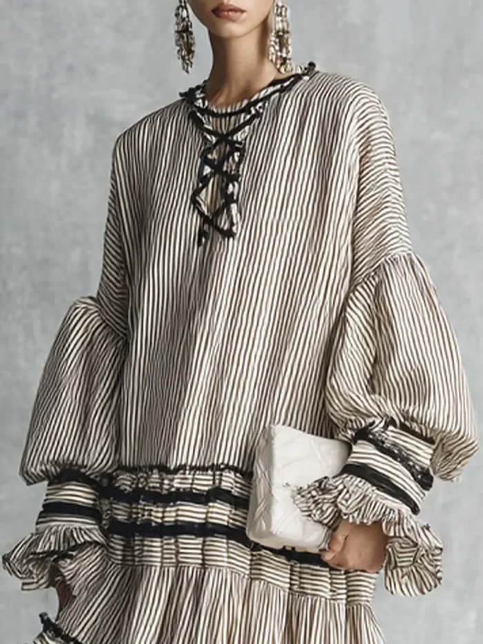 Women's Casual Stylish Vacation Art Striped Ruffled Cotton Maxi Dress